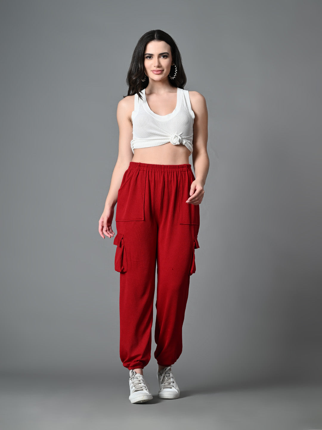 Myshka Women's Solid Ribbed High-Rise Cargo Style Casual Trousers in Maroon Color - Distacart