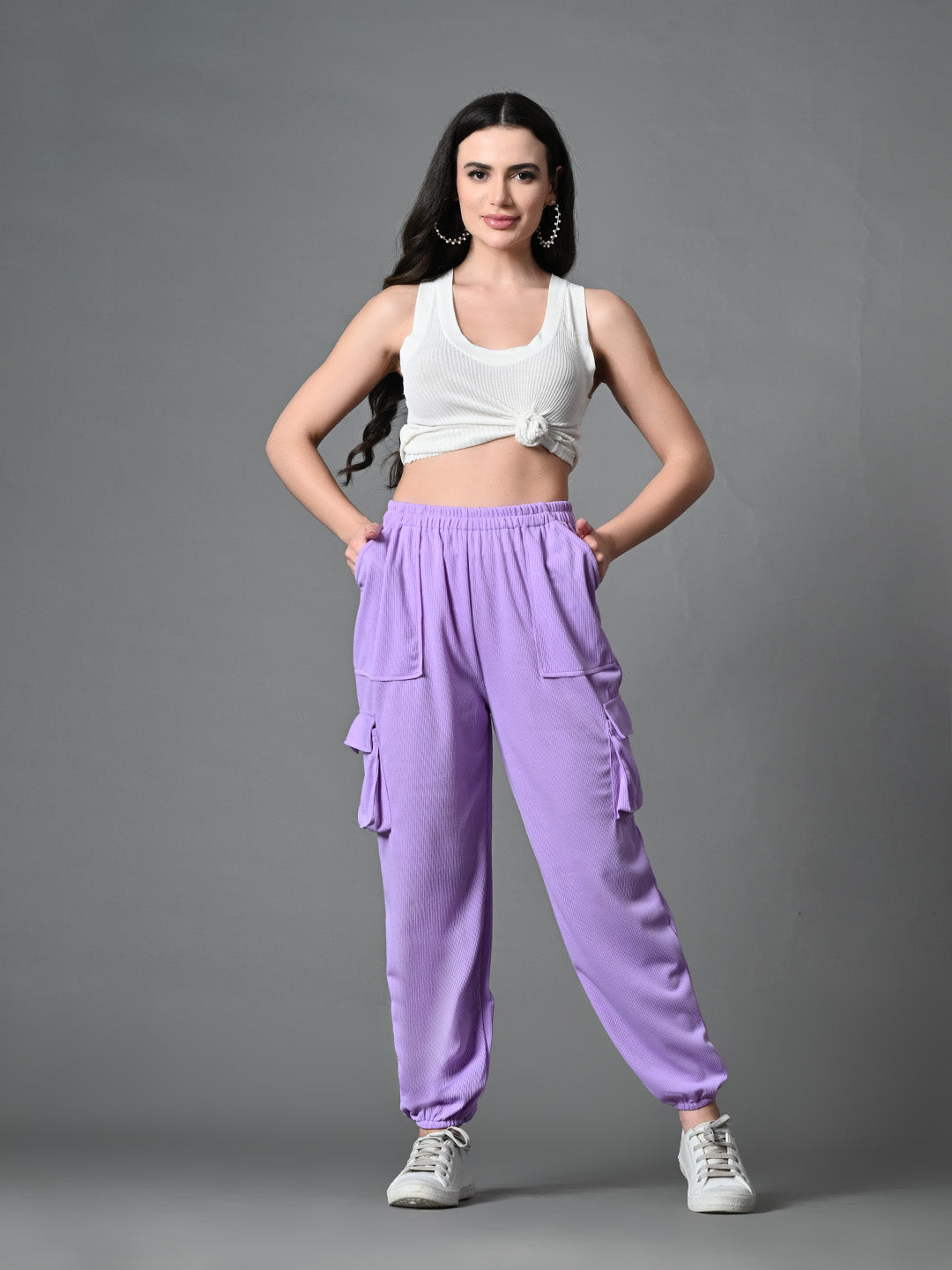 Myshka Women's Solid Ribbed High-Rise Cargo Style Casual Trousers in Lavender Color - Distacart