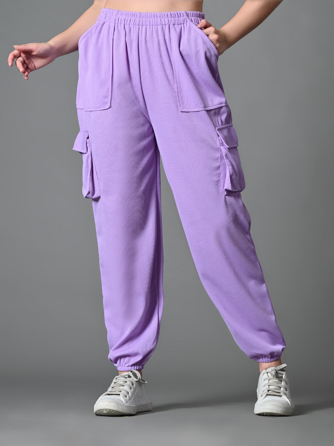 Myshka Women's Solid Ribbed High-Rise Cargo Style Casual Trousers in Lavender Color - Distacart