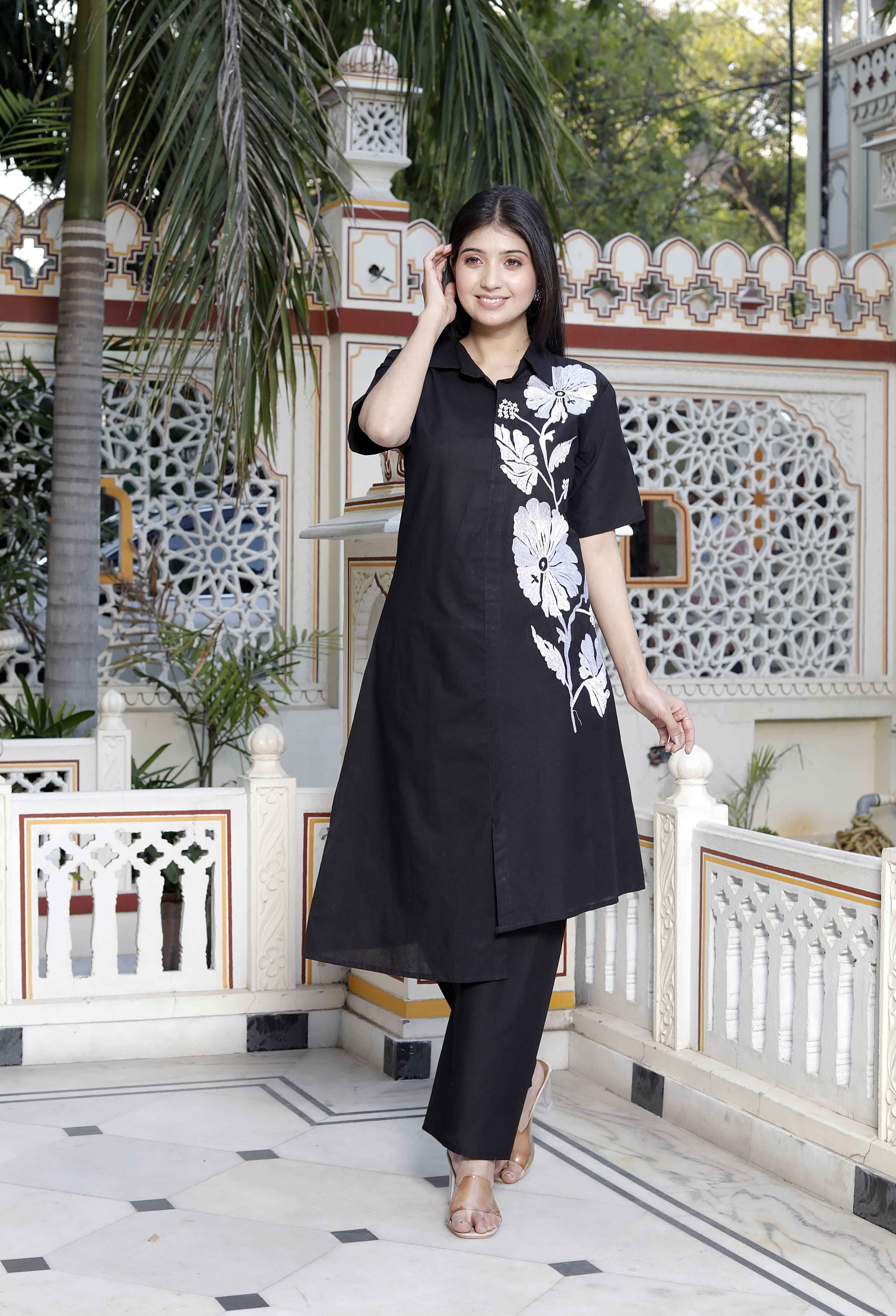 Miravan Women's Black Pure Cotton Floral Embroidered High Low Co-Ord Set - Distacart