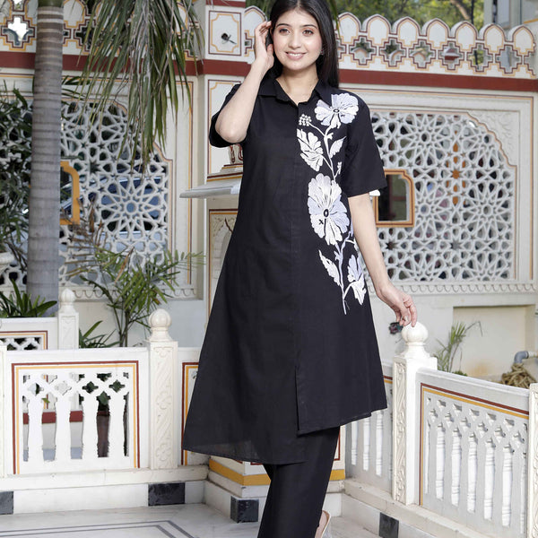 Miravan Women's Black Pure Cotton Floral Embroidered High Low Co-Ord Set - Distacart