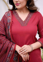 Thumbnail for The52 Maroon Women's Gorgeous Parampara Fabric Embroidered Work Straight Kurta Pant and Dupatta Set - Distacart