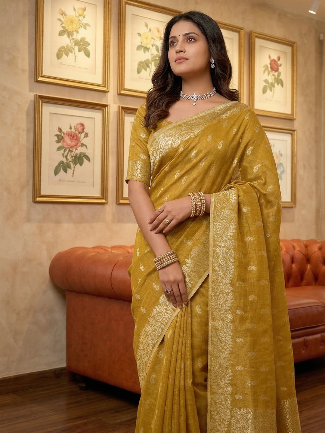 Anaita Mustard Woven Tissue Silk Saree With Blouse - Dista