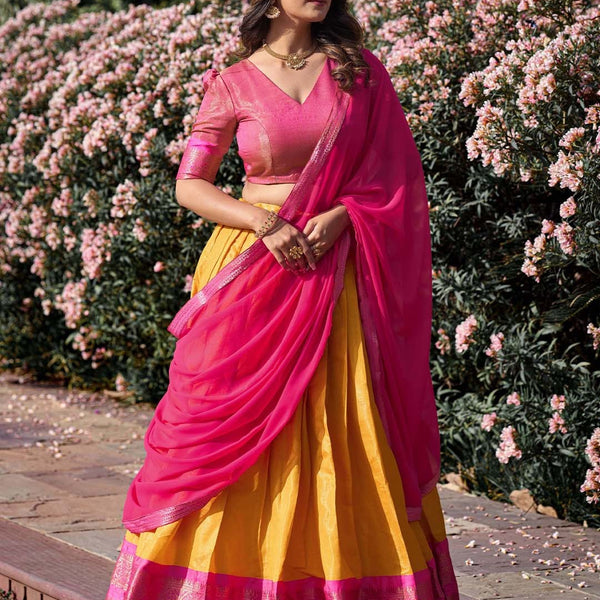 Lorenvalley Mustard Kanchipuram Zari Weaving Work Lehenga Choli with Dupatta - Distacart