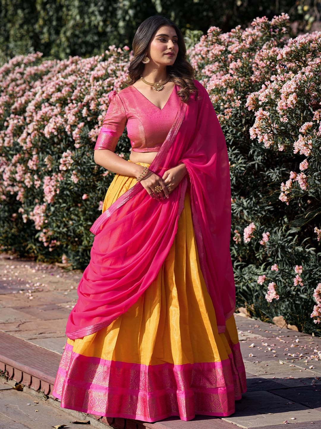 Lorenvalley Mustard Kanchipuram Zari Weaving Work Lehenga Choli with Dupatta - Distacart