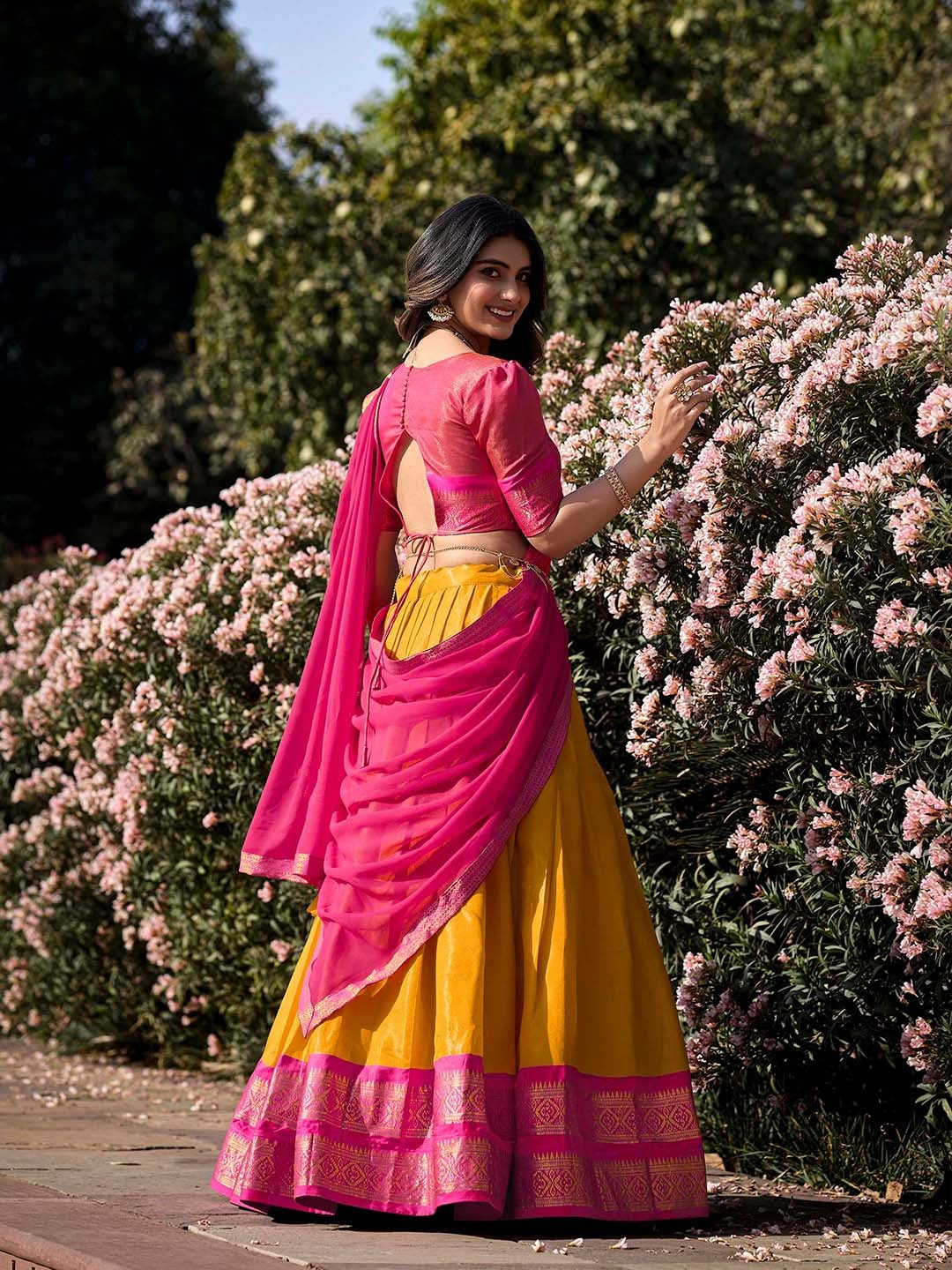 Lorenvalley Mustard Kanchipuram Zari Weaving Work Lehenga Choli with Dupatta - Distacart