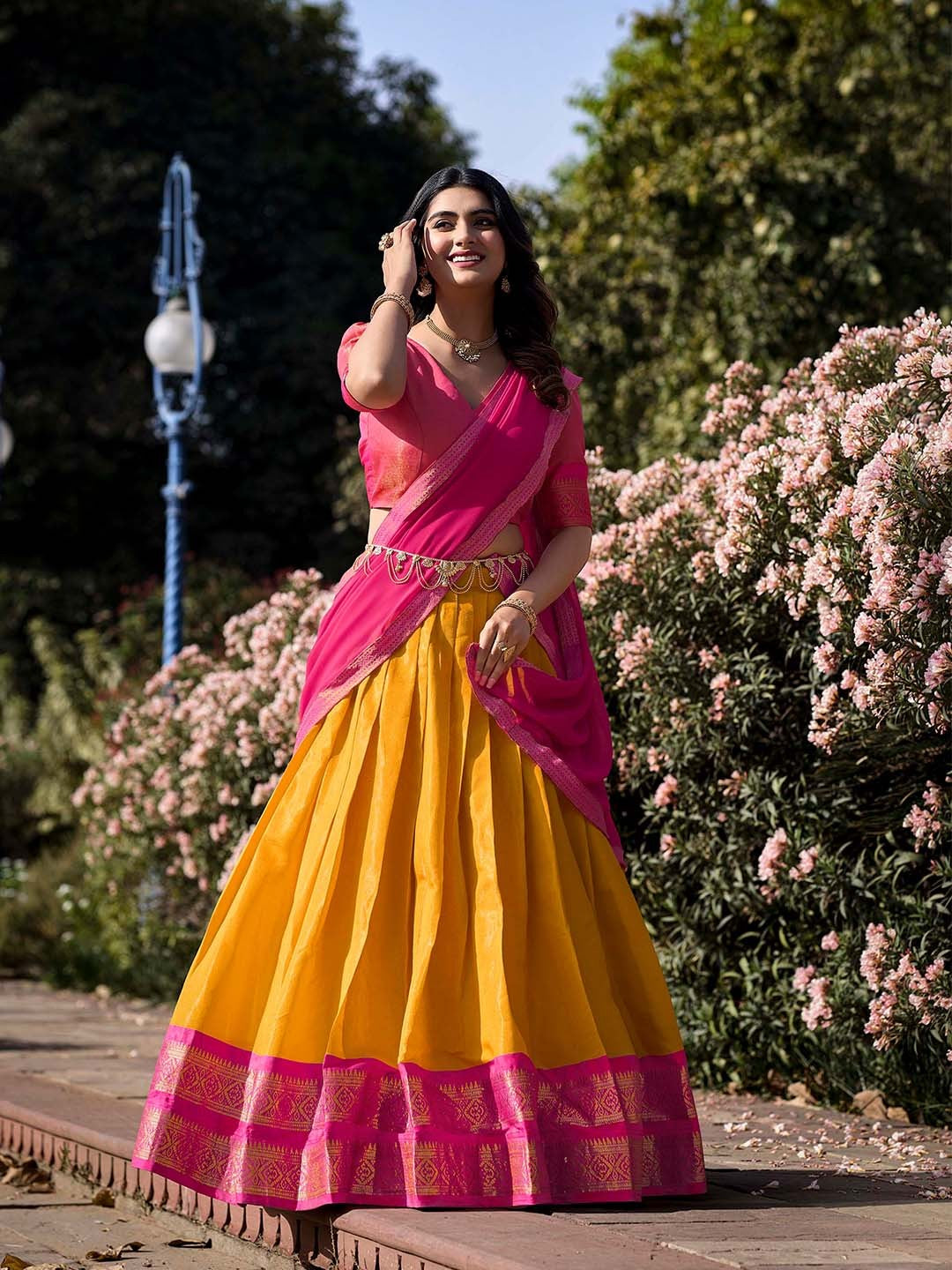 Evanik Women South-Style Kanchipuram Silk Stitched Lehenga With Unstitched Blouse & Dupatta