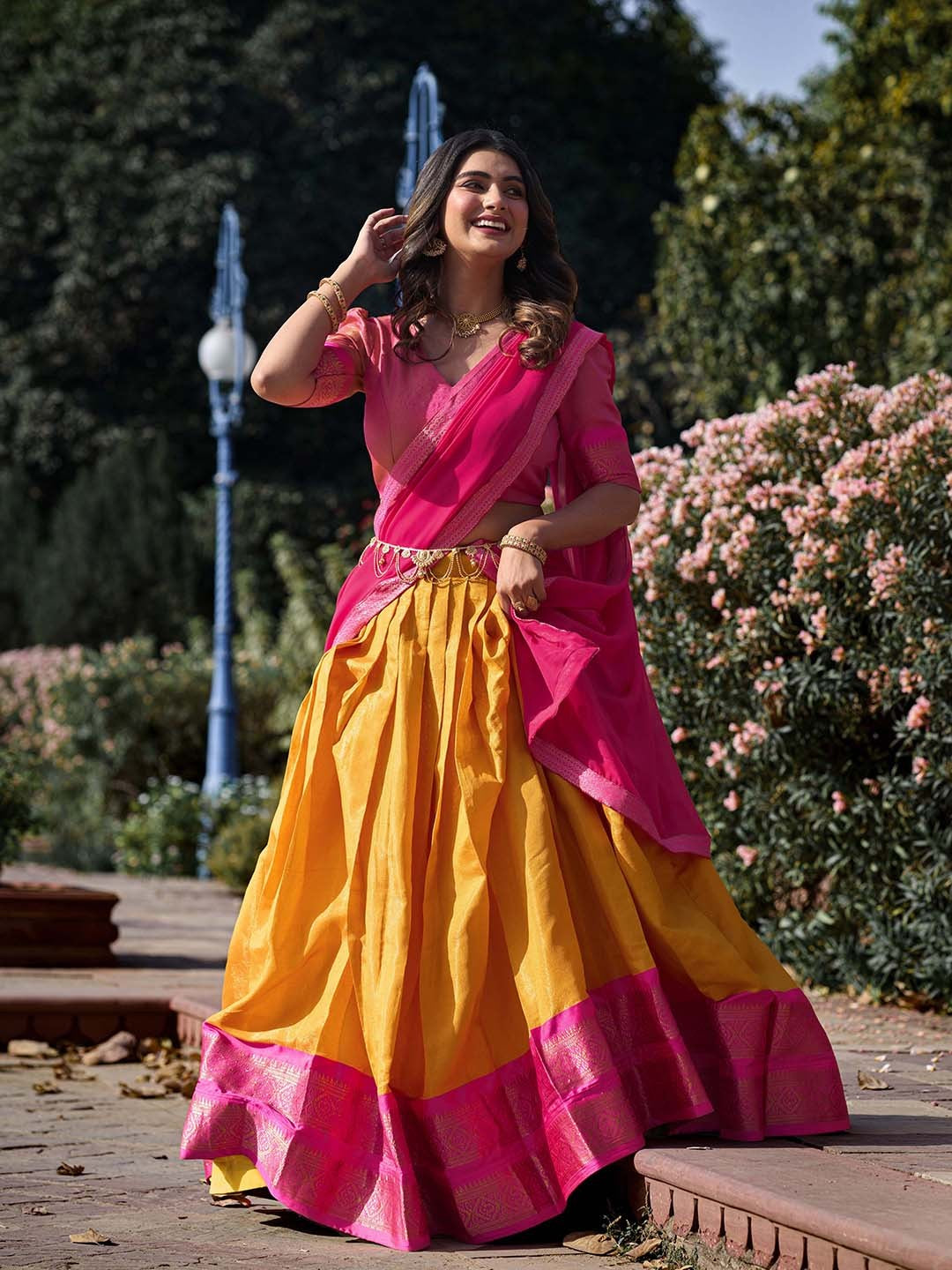 Evanik Women South-Style Kanchipuram Silk Stitched Lehenga With Unstitched Blouse & Dupatta