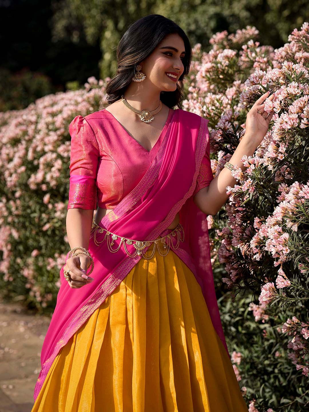 Evanik Women South-Style Kanchipuram Silk Stitched Lehenga With Unstitched Blouse & Dupatta