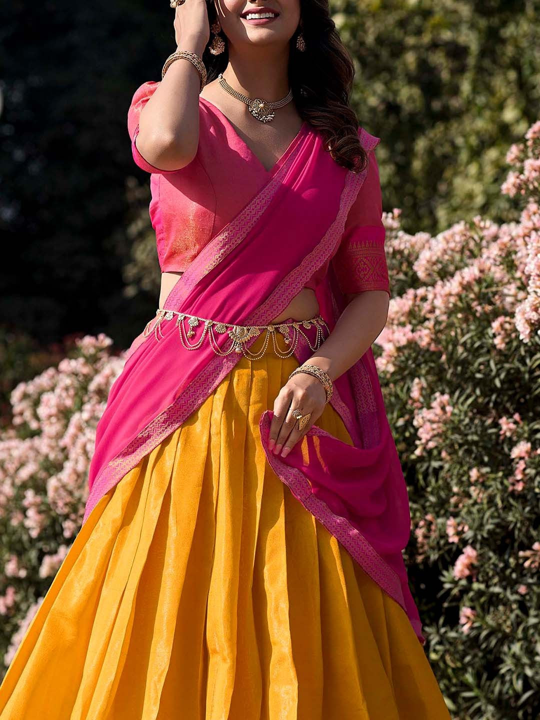 Lorenvalley Mustard Kanchipuram Zari Weaving Work Lehenga Choli with Dupatta - Distacart