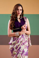 Thumbnail for Vastranavya Purple Satin Silk Floral Printed Saree with Stitched Blouse - Distacart