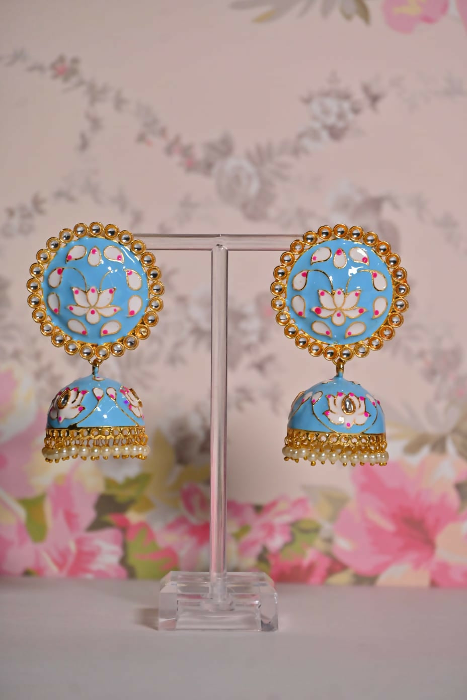Sky Blue Round Shape Ethnic Meenakari Jhumki Earrings By House of Ree - Distacart