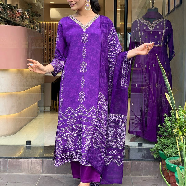 The52 Silk Blend Printed Fabric work Straight cut Kurta, Pant and Dupatta Set - Distacart