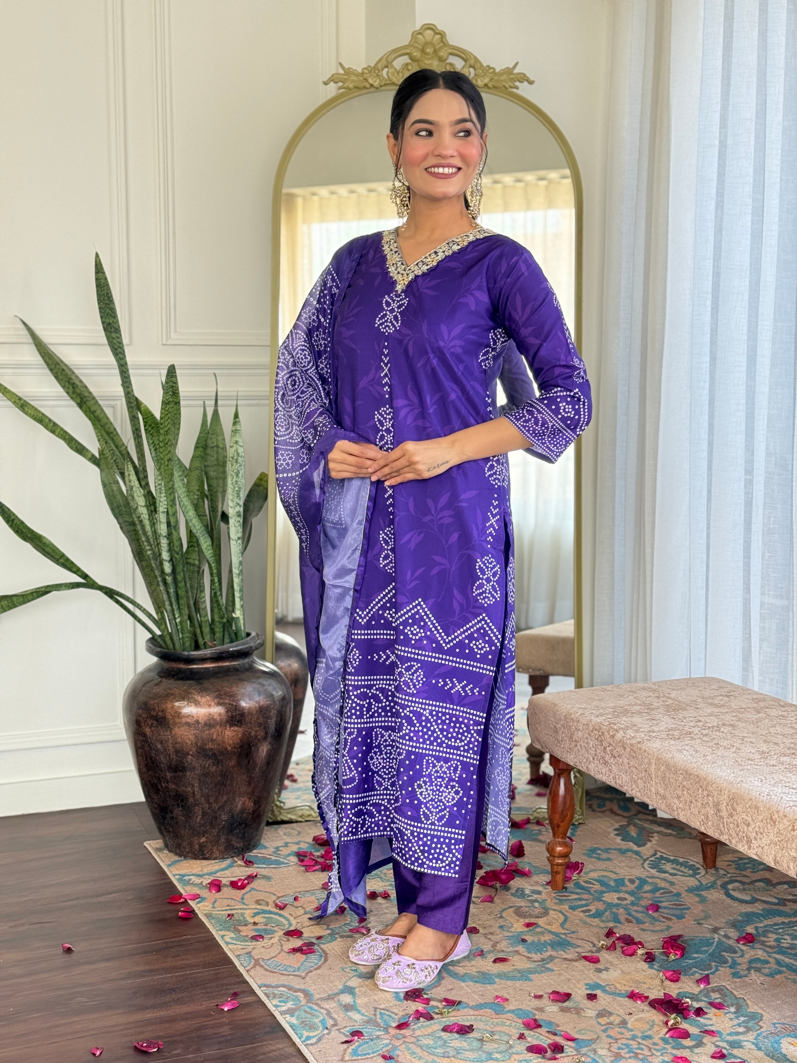 Teeya Creation Purple Colour French Crepe Digital Print With Embroidery Work Fully Stitched Kurti Set - Distacart