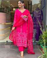 Thumbnail for The52 Silk Blend Printed Fabric work Straight cut Kurta, Pant and Dupatta Set