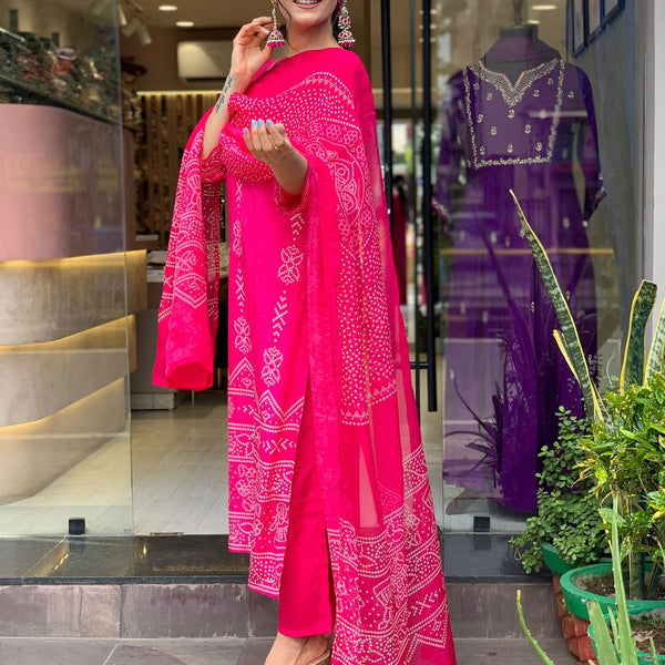 The52 Silk Blend Printed Fabric work Straight cut Kurta, Pant and Dupatta Set - Distacart