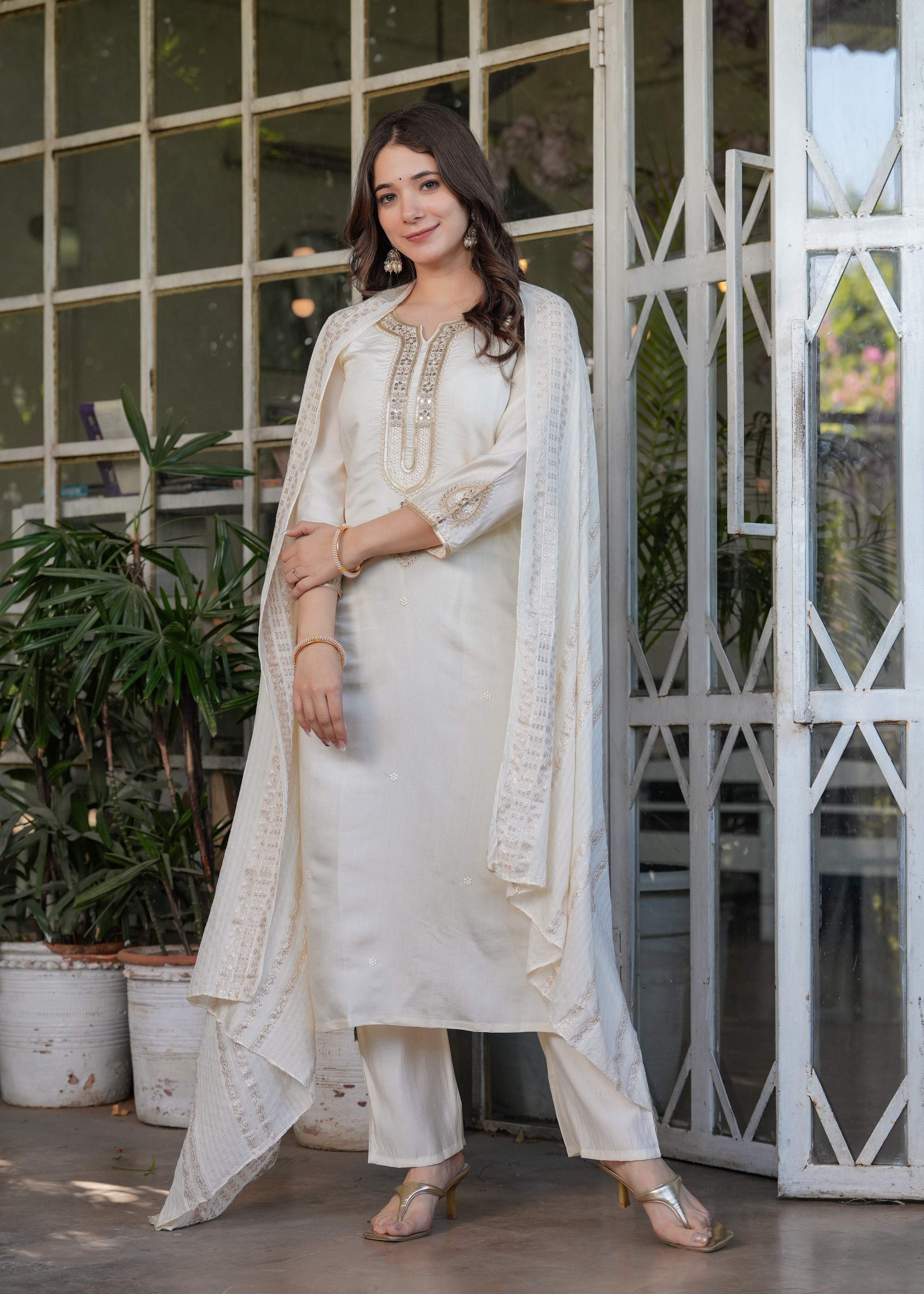The52 Beautiful Embroidered Viscose Chanderi Fabric Straight Kurta, Pant and Dupatta Set