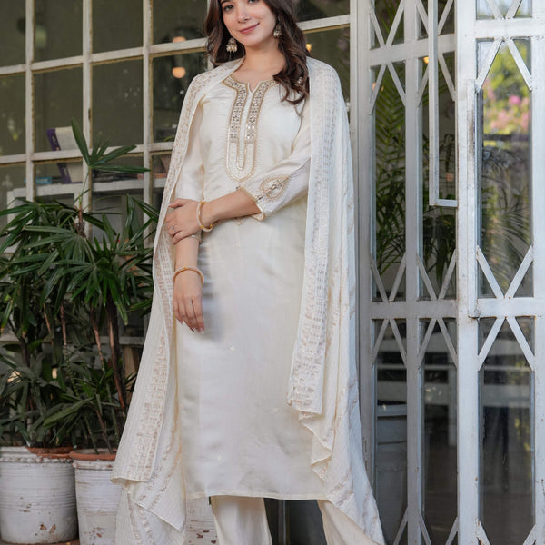 The52 Beautiful Embroidered Viscose Chanderi Fabric Straight Kurta, Pant and Dupatta Set