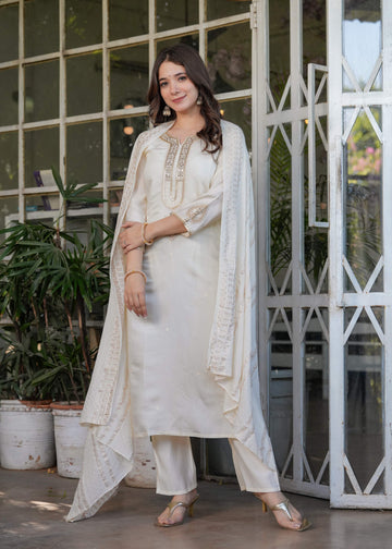 The52 Beautiful Embroidered Viscose Chanderi Fabric Straight Kurta, Pant and Dupatta Set - Distacart