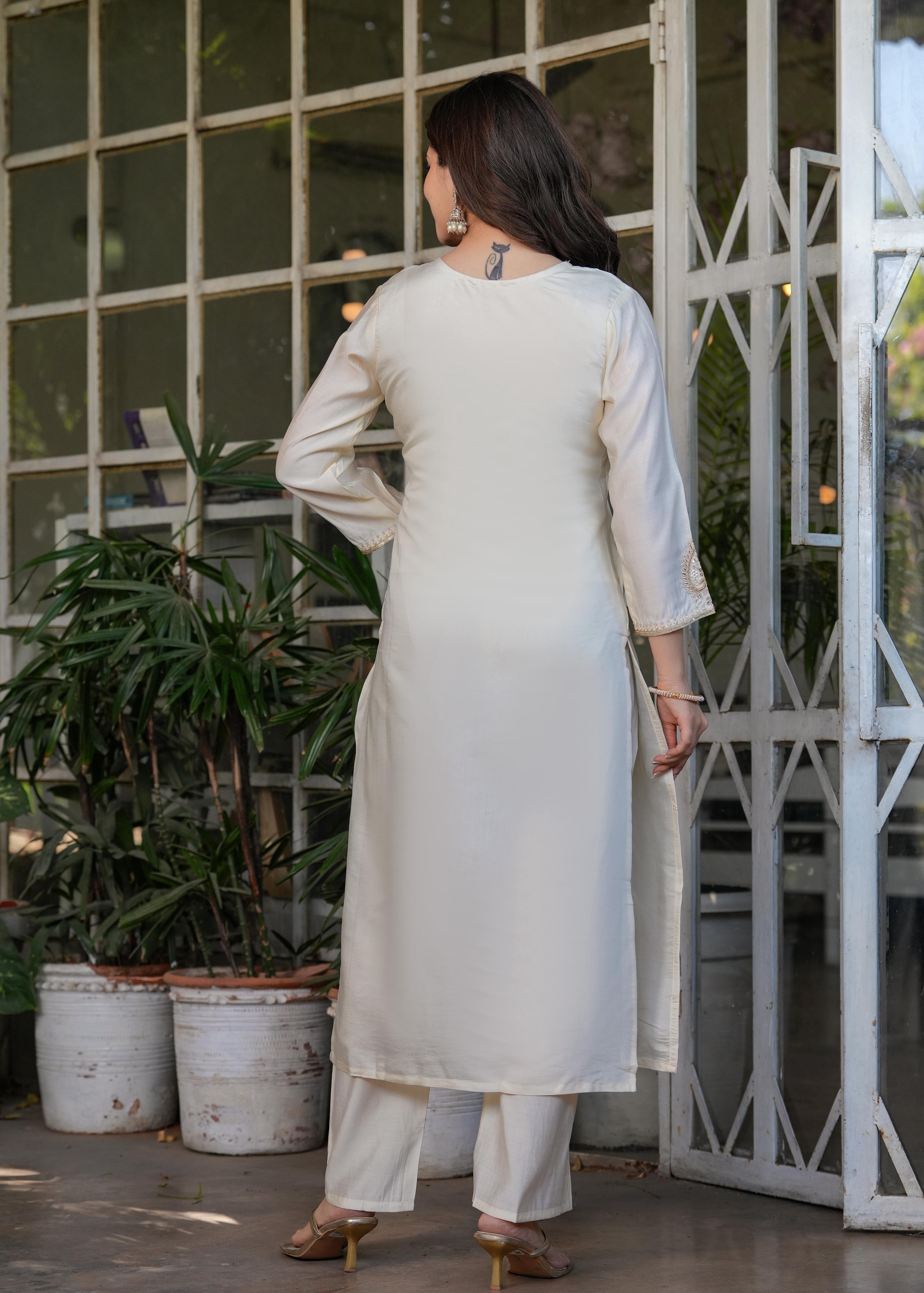 The52 Beautiful Embroidered Viscose Chanderi Fabric Straight Kurta, Pant and Dupatta Set