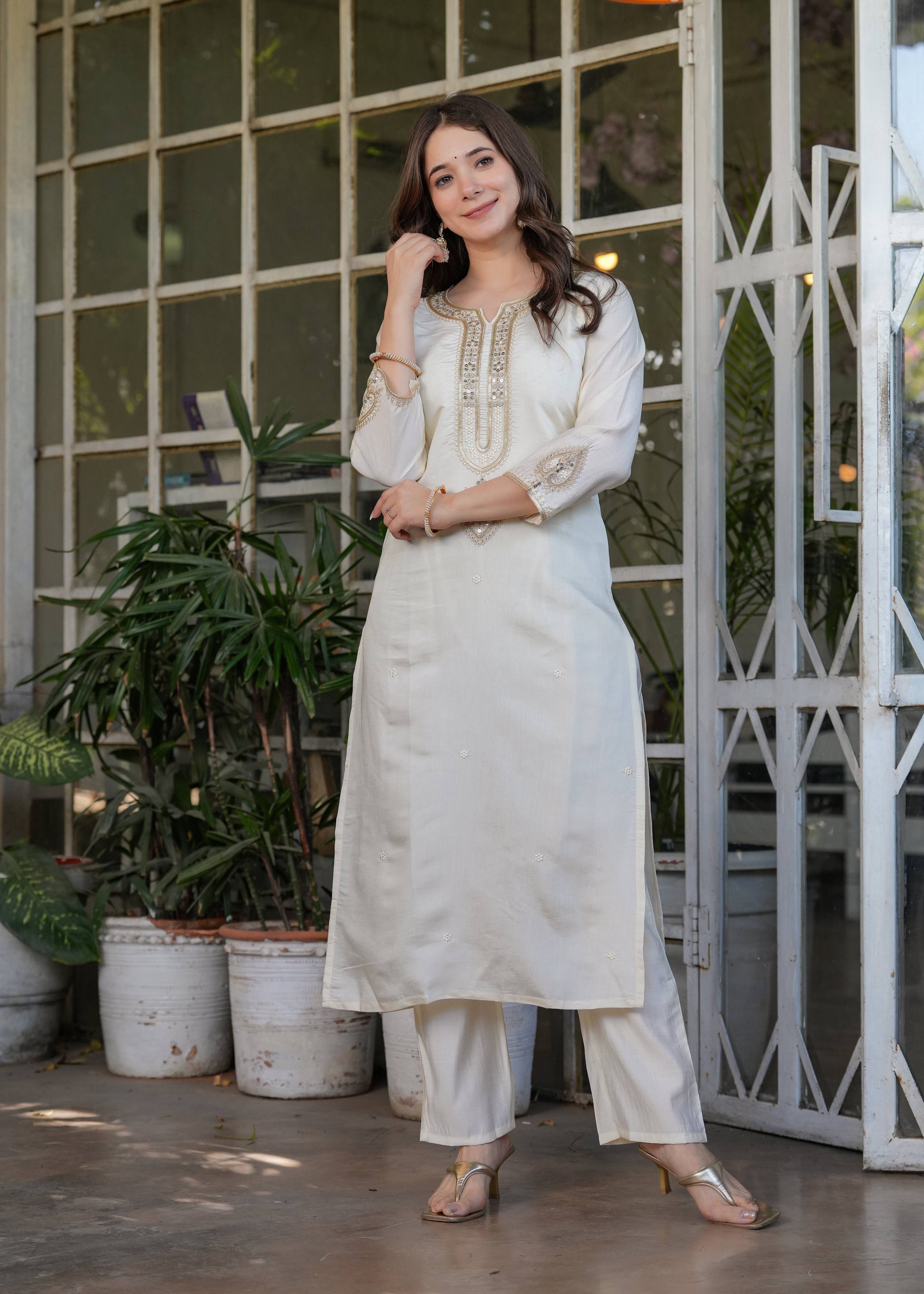 The52 Beautiful Embroidered Viscose Chanderi Fabric Straight Kurta, Pant and Dupatta Set