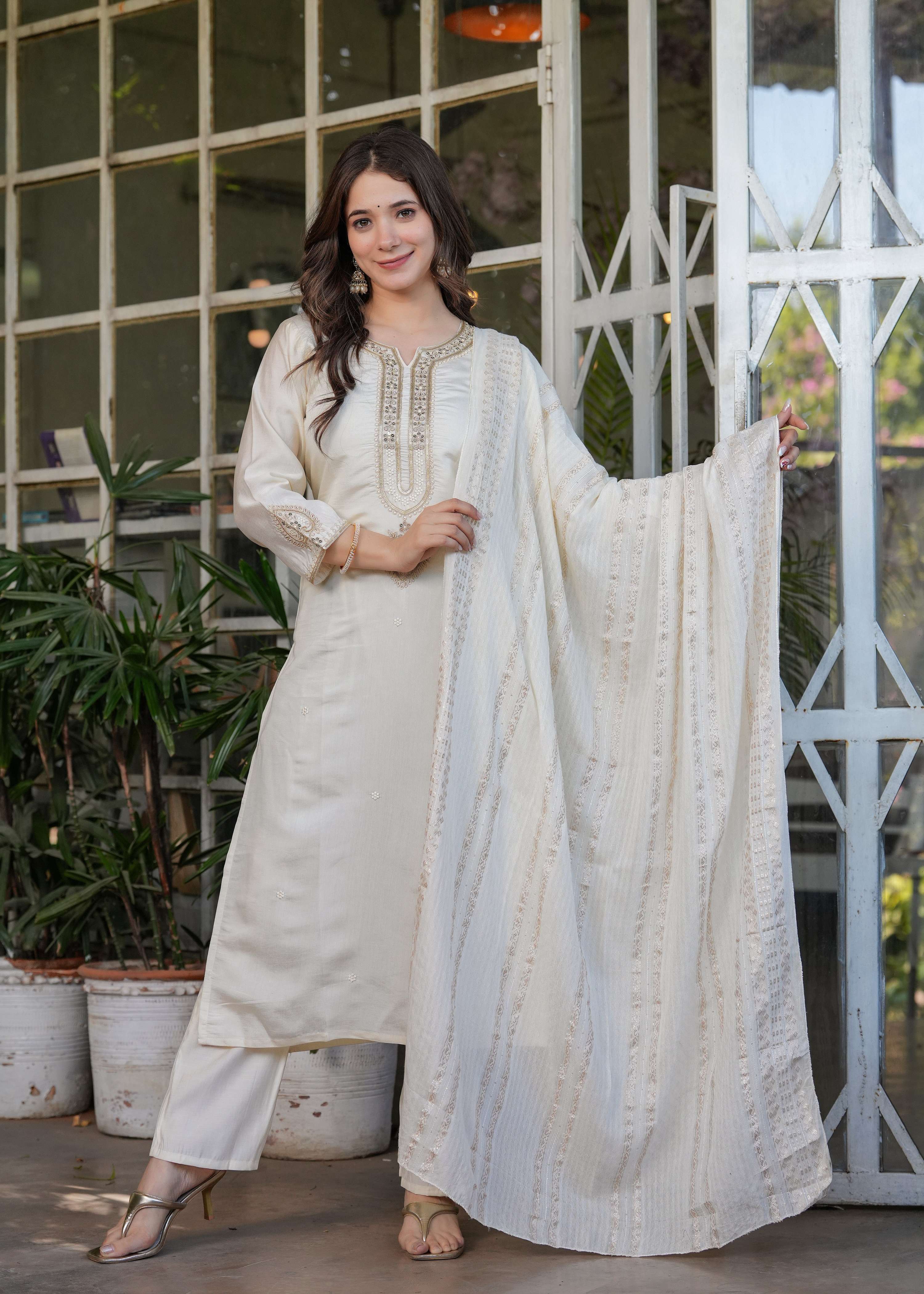 The52 Beautiful Embroidered Viscose Chanderi Fabric Straight Kurta, Pant and Dupatta Set