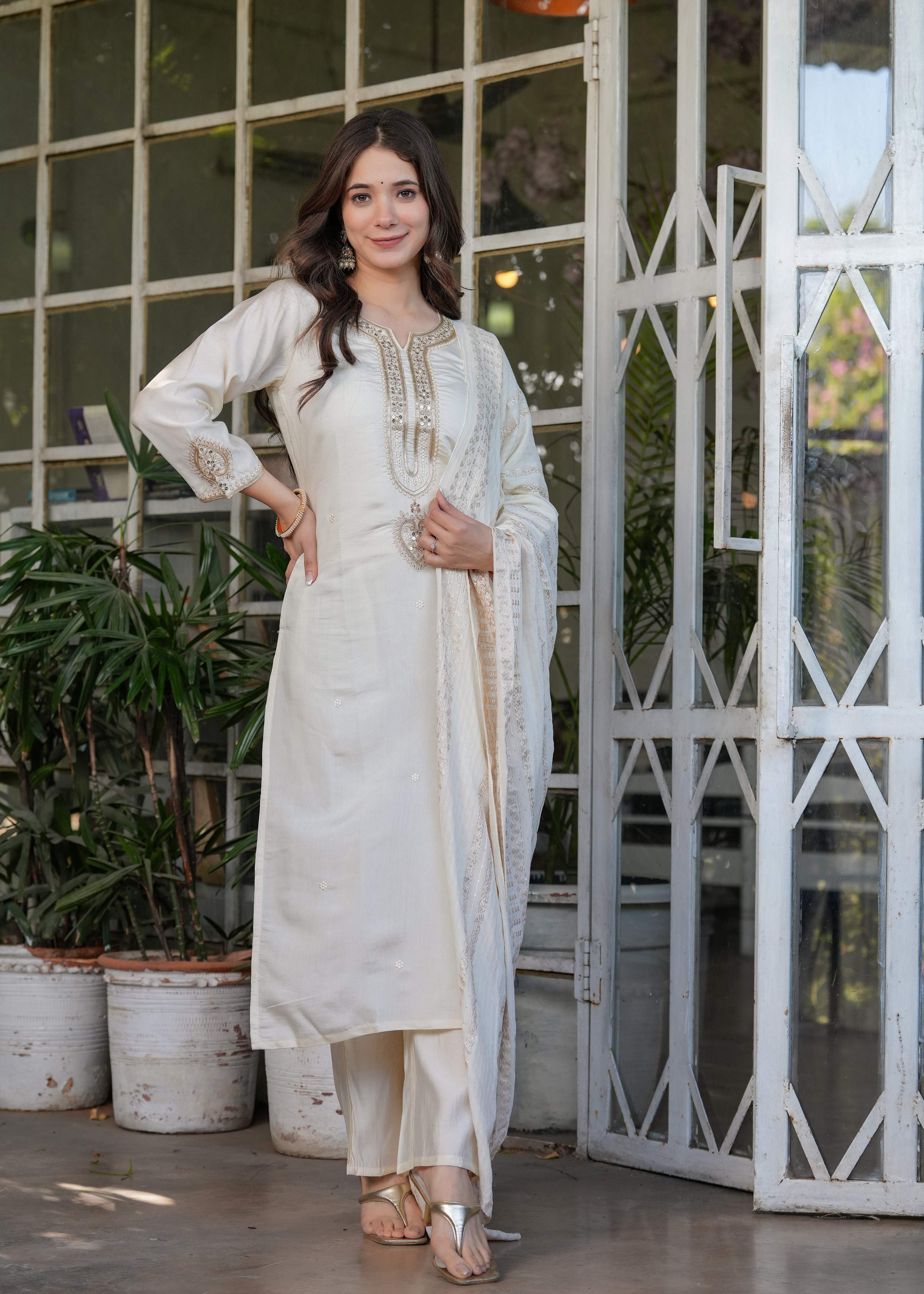 The52 Beautiful Embroidered Viscose Chanderi Fabric Straight Kurta, Pant and Dupatta Set
