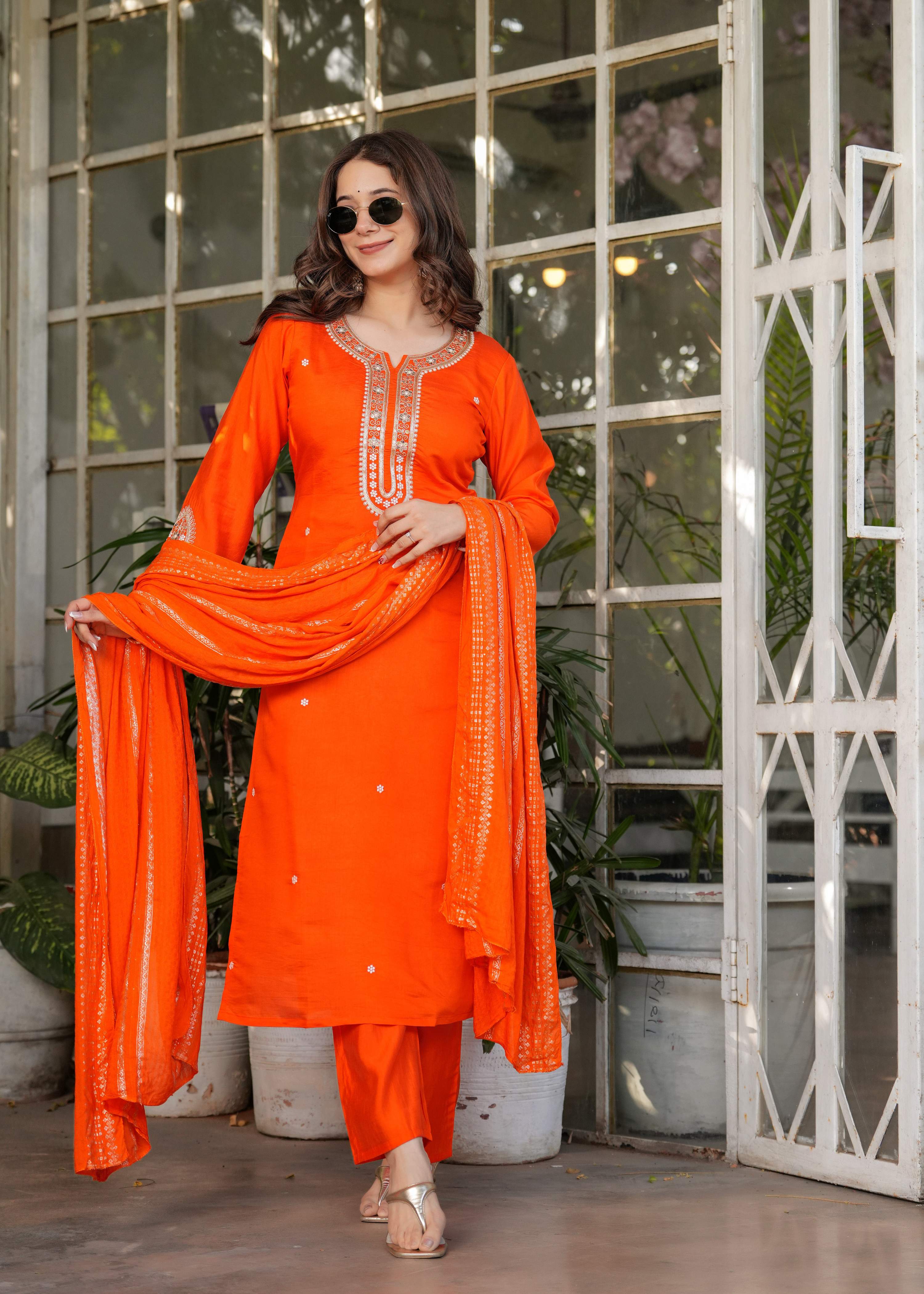 Teeya Creation Orange Color Viscose Chanderi Embroidery Work Fully Stitched Kurti Set - Distacart