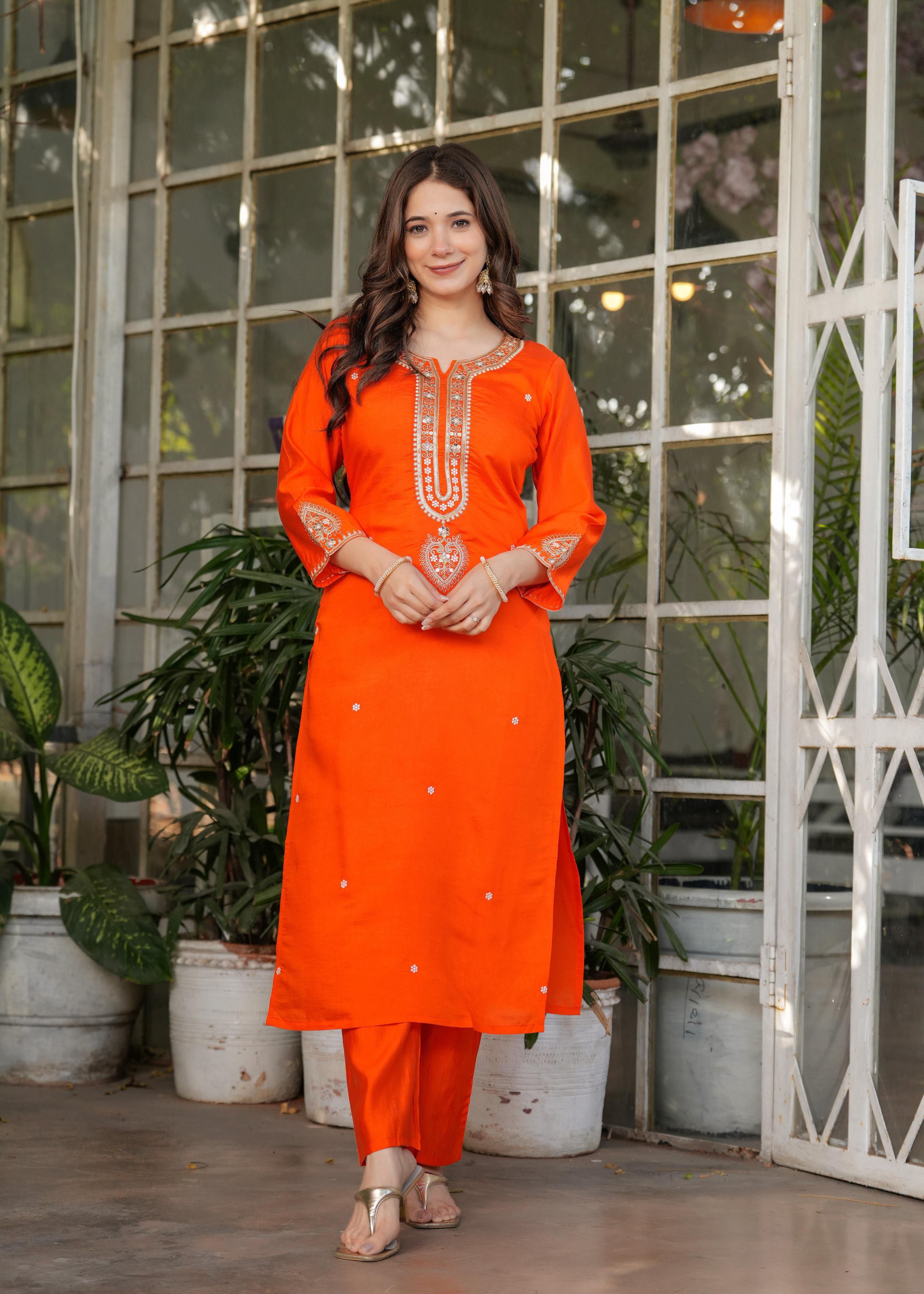 The52 Beautiful Embroidered Viscose Chanderi Fabric Straight Kurta, Pant and Dupatta Set