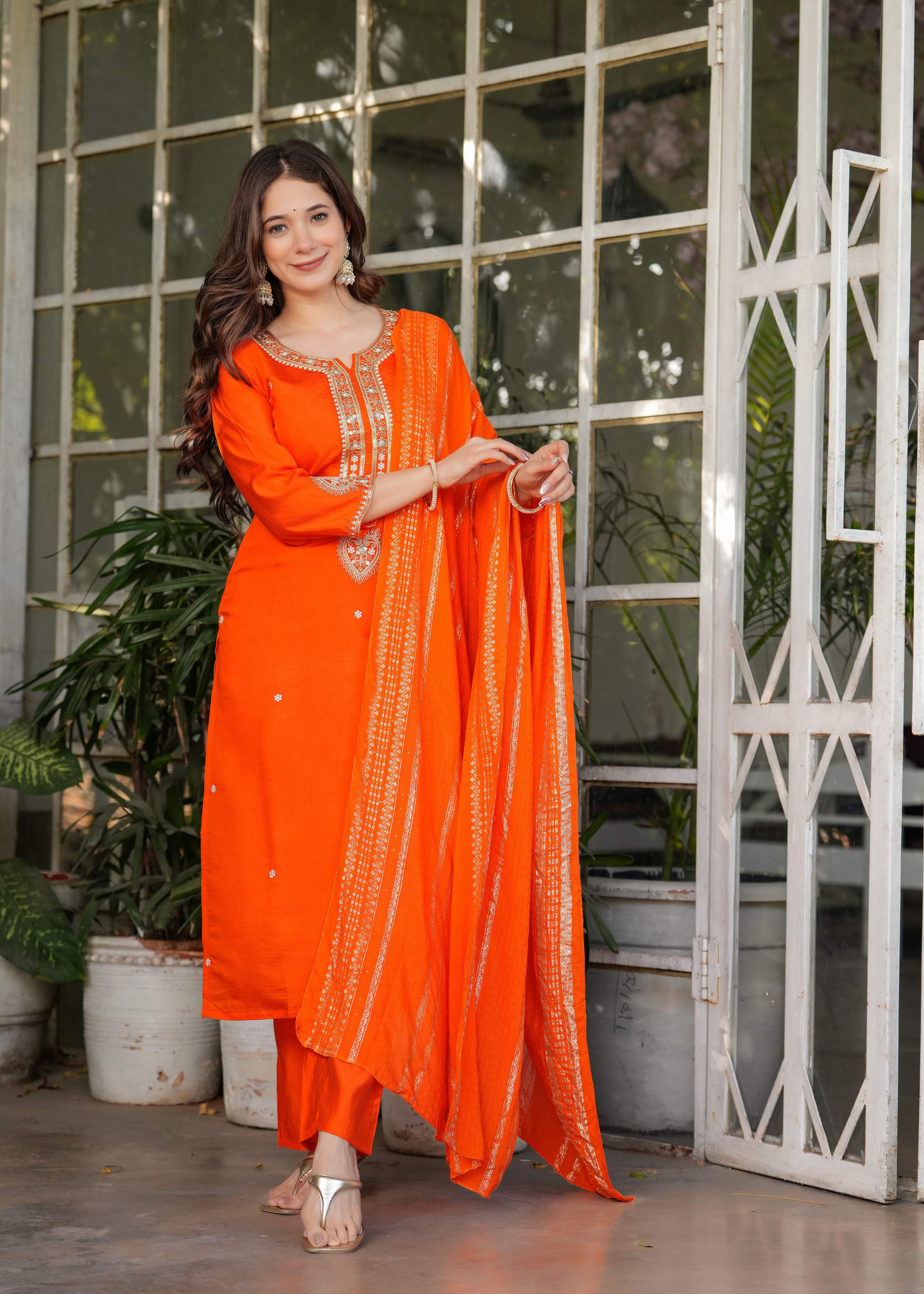The52 Beautiful Embroidered Viscose Chanderi Fabric Straight Kurta, Pant and Dupatta Set