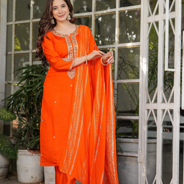 The52 Beautiful Embroidered Viscose Chanderi Fabric Straight Kurta, Pant and Dupatta Set - Distacart