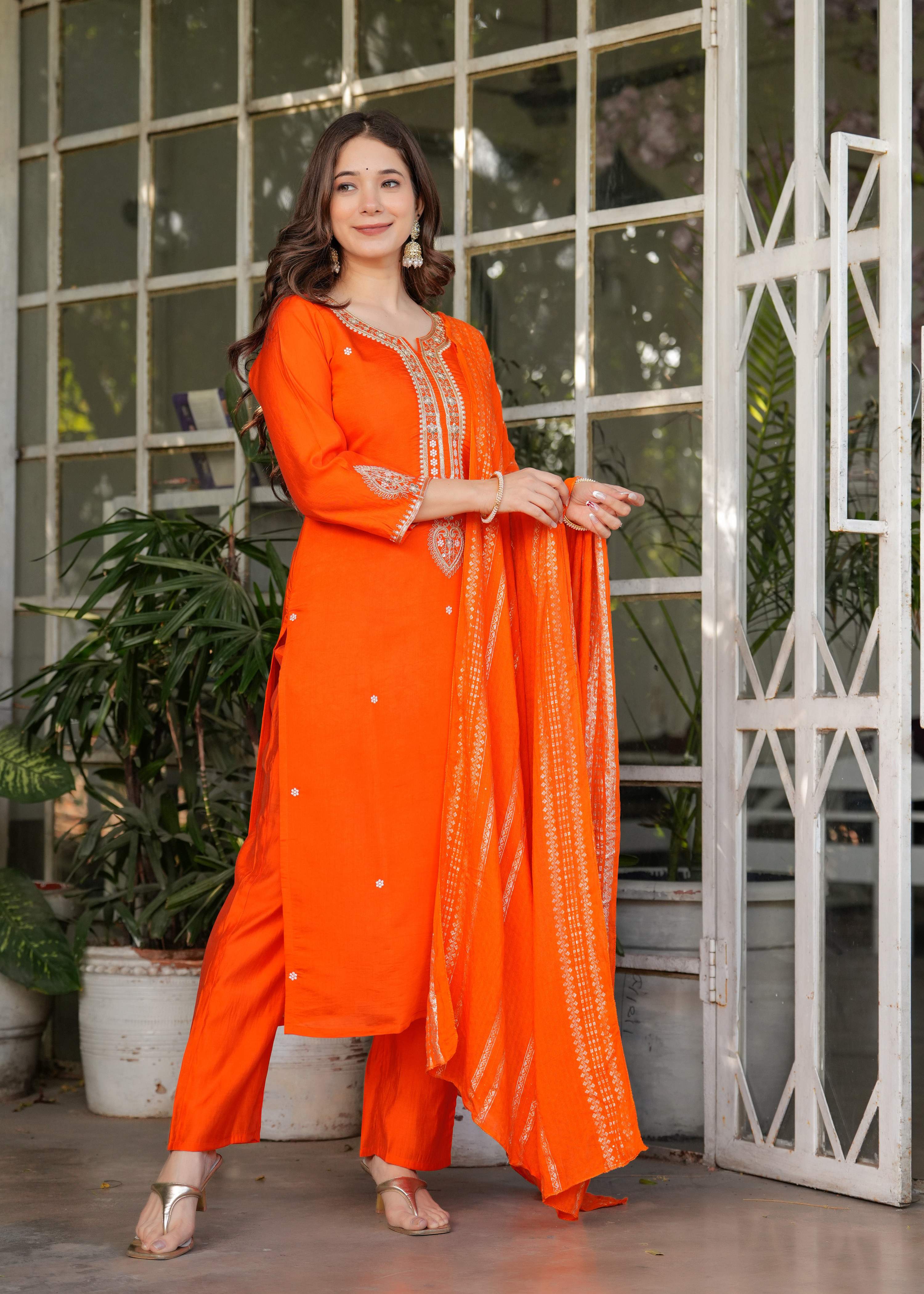 The52 Beautiful Embroidered Viscose Chanderi Fabric Straight Kurta, Pant and Dupatta Set