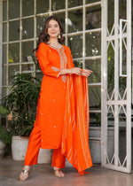 Thumbnail for The52 Beautiful Embroidered Viscose Chanderi Fabric Straight Kurta, Pant and Dupatta Set
