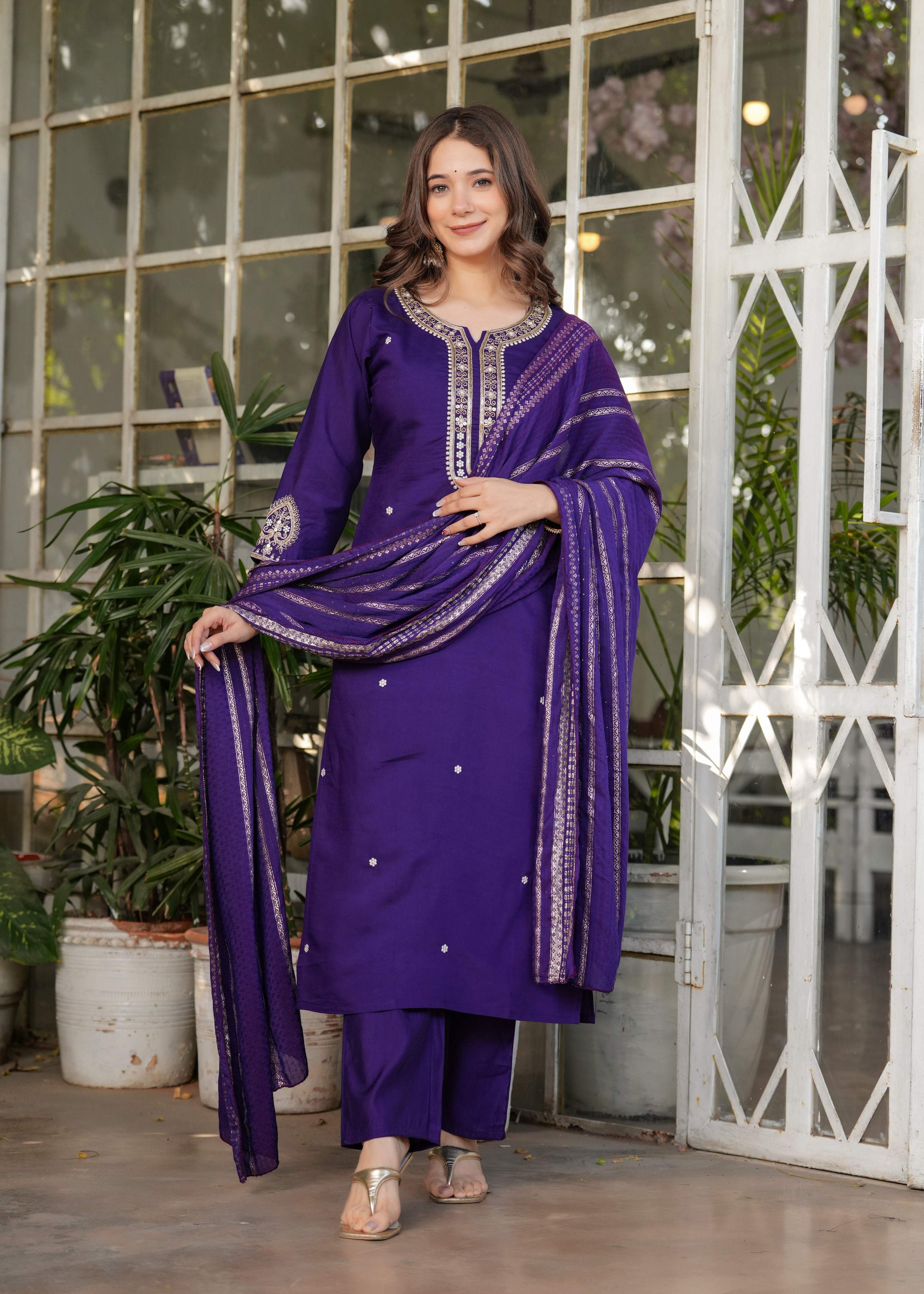 The52 Beautiful Embroidered Viscose Chanderi Fabric Straight Kurta, Pant and Dupatta Set