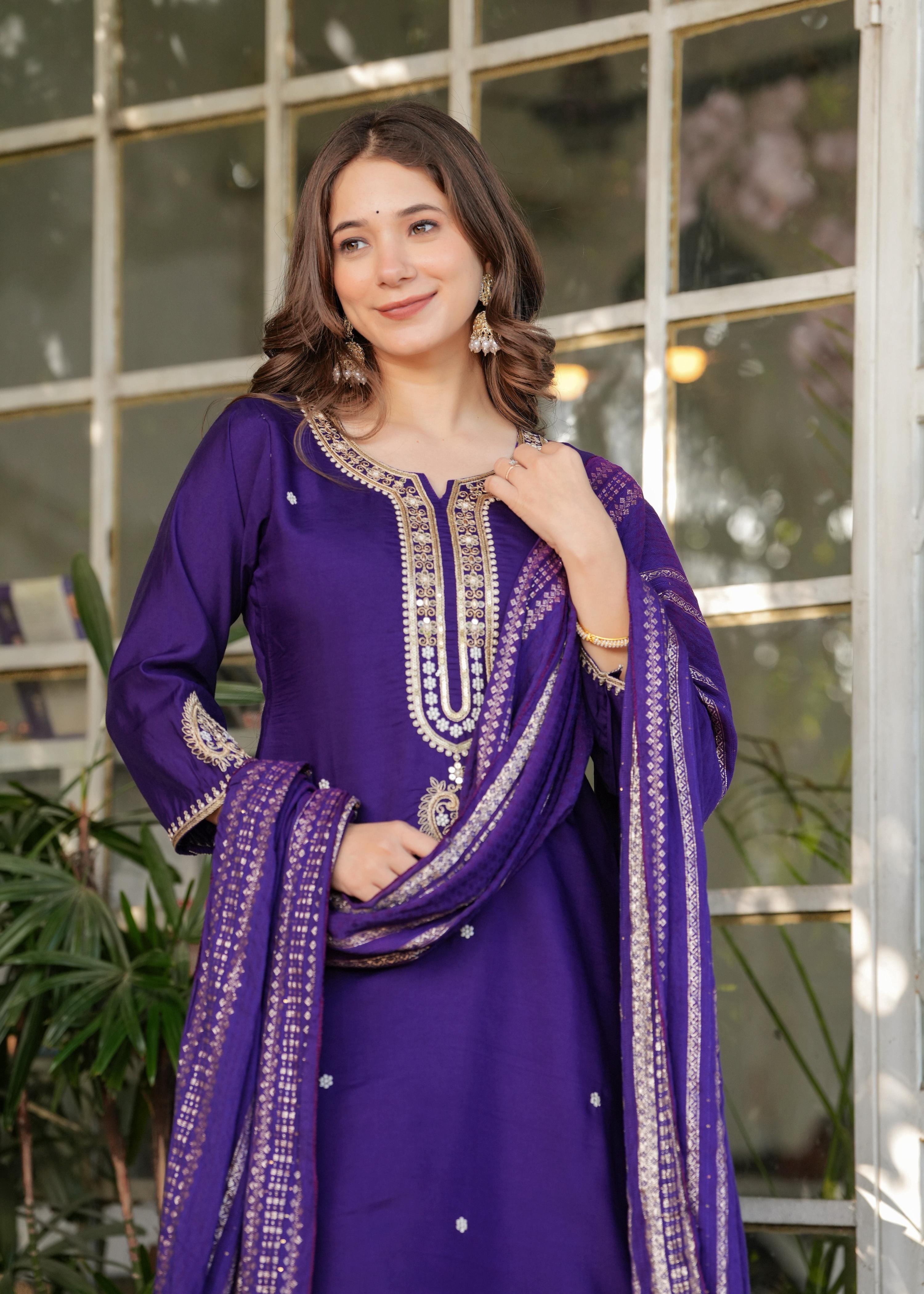 The52 Beautiful Embroidered Viscose Chanderi Fabric Straight Kurta, Pant and Dupatta Set