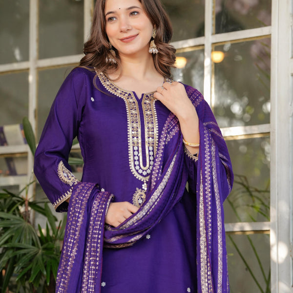 The52 Beautiful Embroidered Viscose Chanderi Fabric Straight Kurta, Pant and Dupatta Set - Distacart