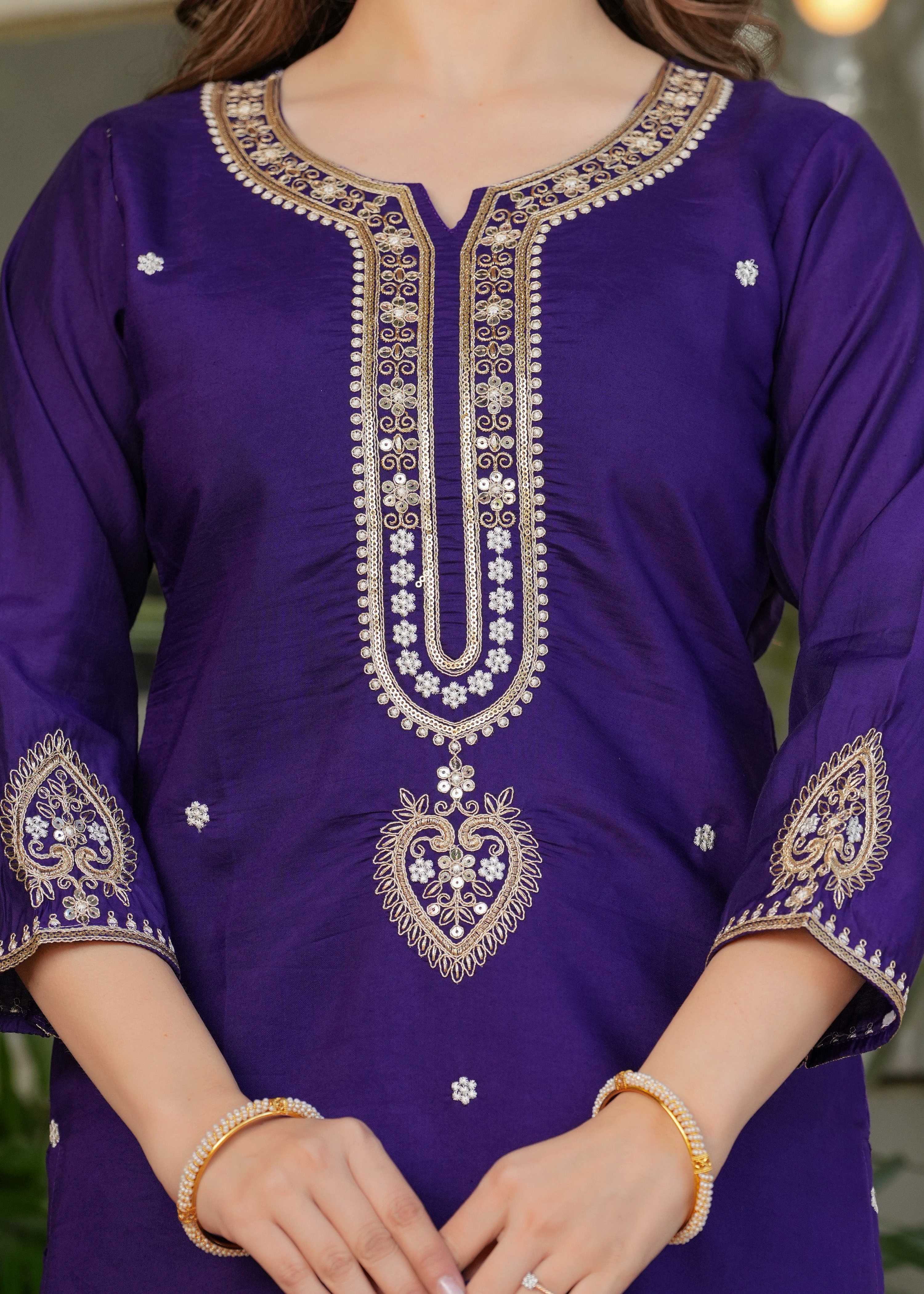 The52 Beautiful Embroidered Viscose Chanderi Fabric Straight Kurta, Pant and Dupatta Set