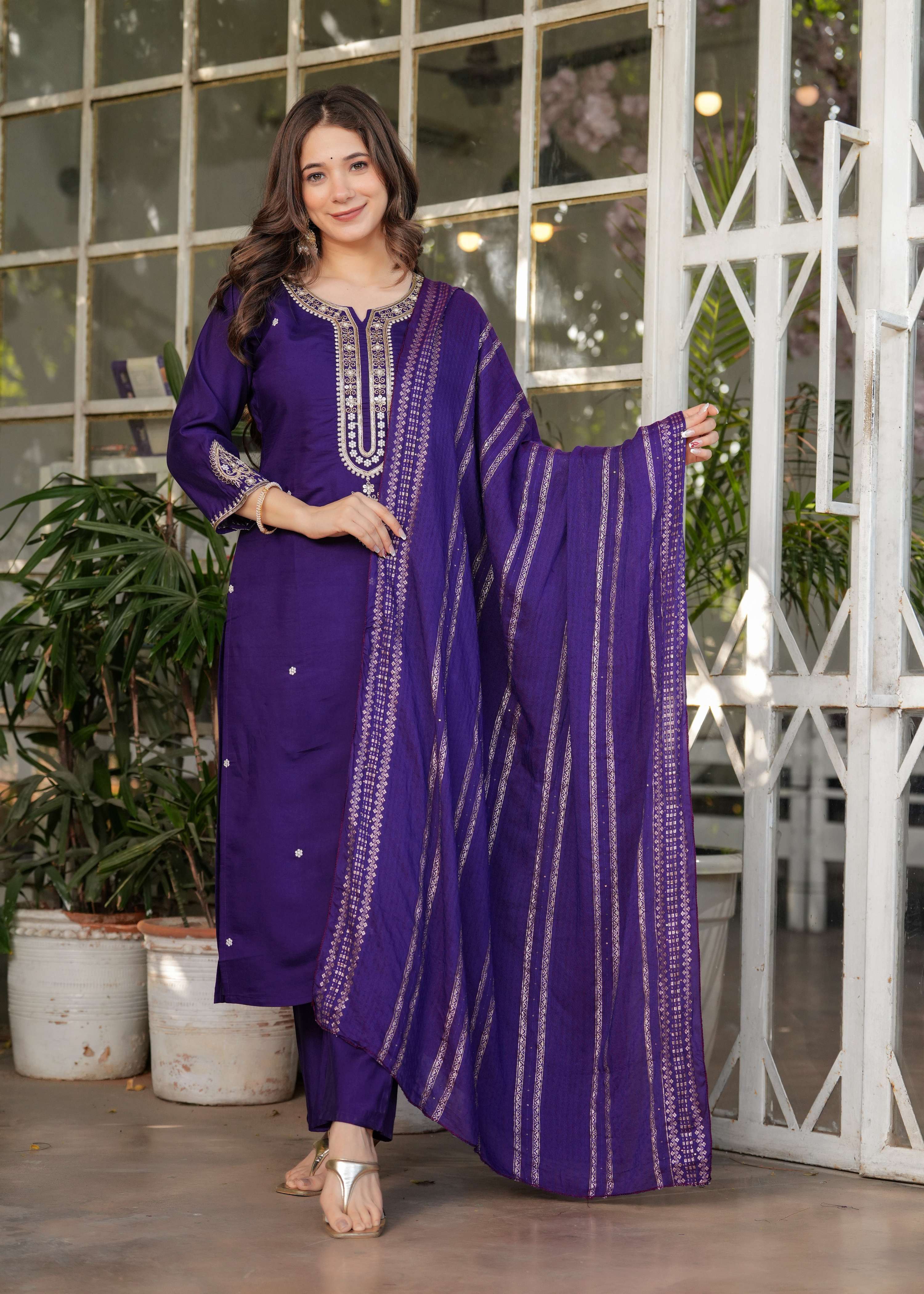 The52 Beautiful Embroidered Viscose Chanderi Fabric Straight Kurta, Pant and Dupatta Set