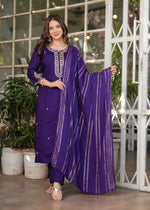 Thumbnail for The52 Beautiful Embroidered Viscose Chanderi Fabric Straight Kurta, Pant and Dupatta Set