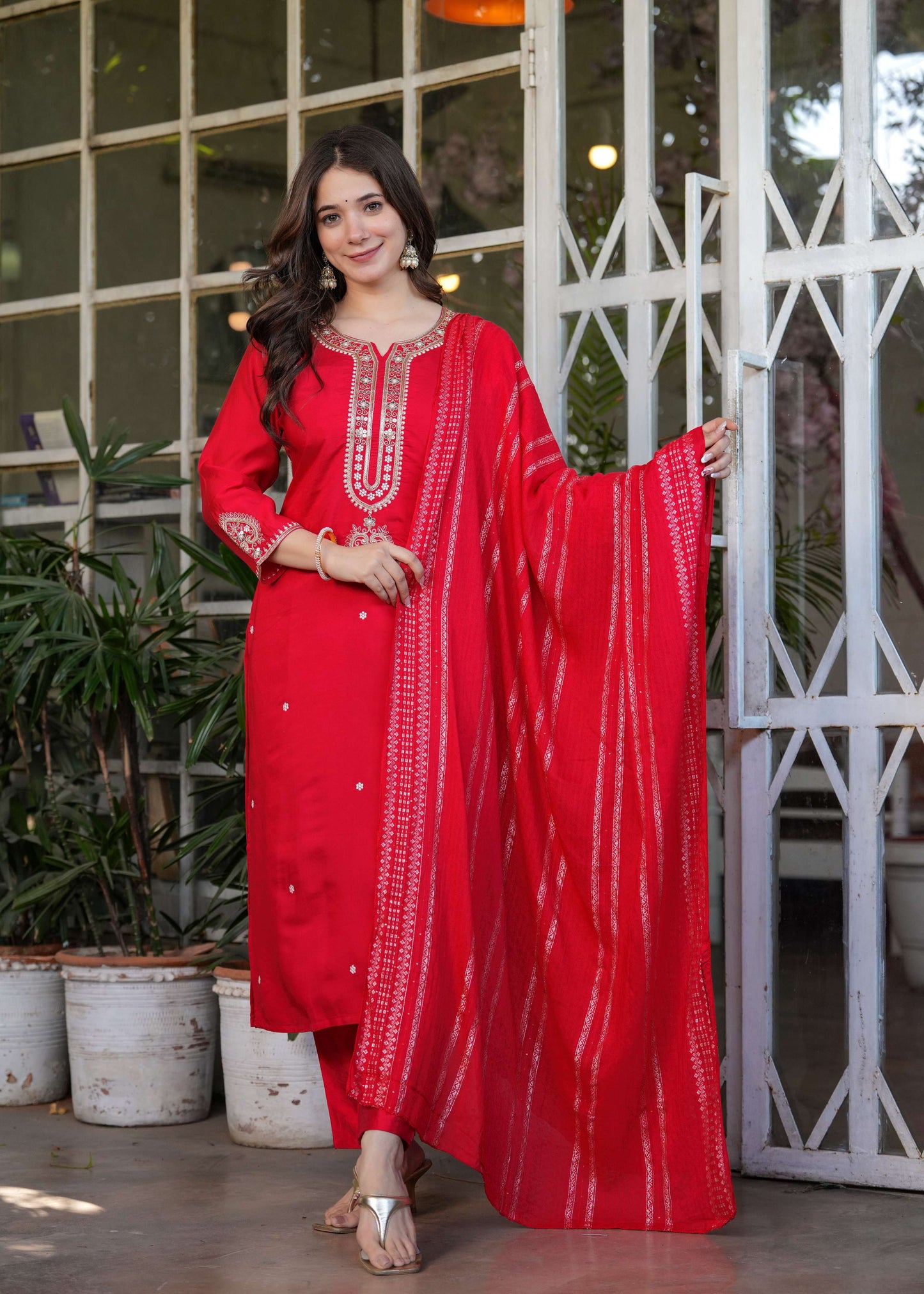 Teeya Creation Red Color Viscose Chanderi Embroidery Work Fully Stitched Kurti Set - Distacart