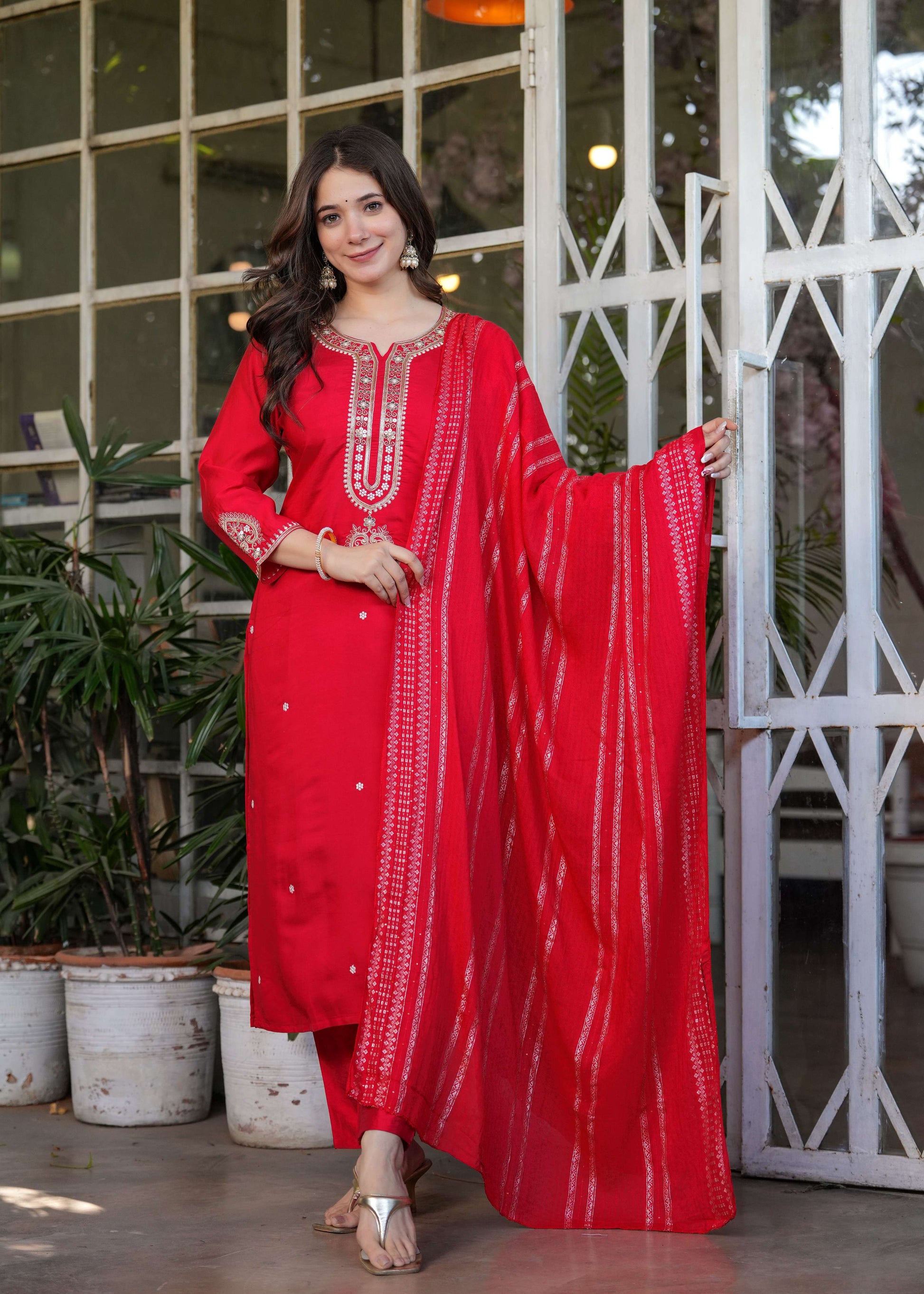 Teeya Creation Red Color Viscose Chanderi Embroidery Work Fully Stitched Kurti Set - Distacart