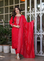 Thumbnail for The52 Beautiful Embroidered Viscose Chanderi Fabric Straight Kurta, Pant and Dupatta Set