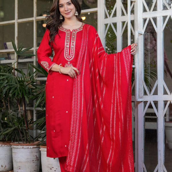 The52 Beautiful Embroidered Viscose Chanderi Fabric Straight Kurta, Pant and Dupatta Set