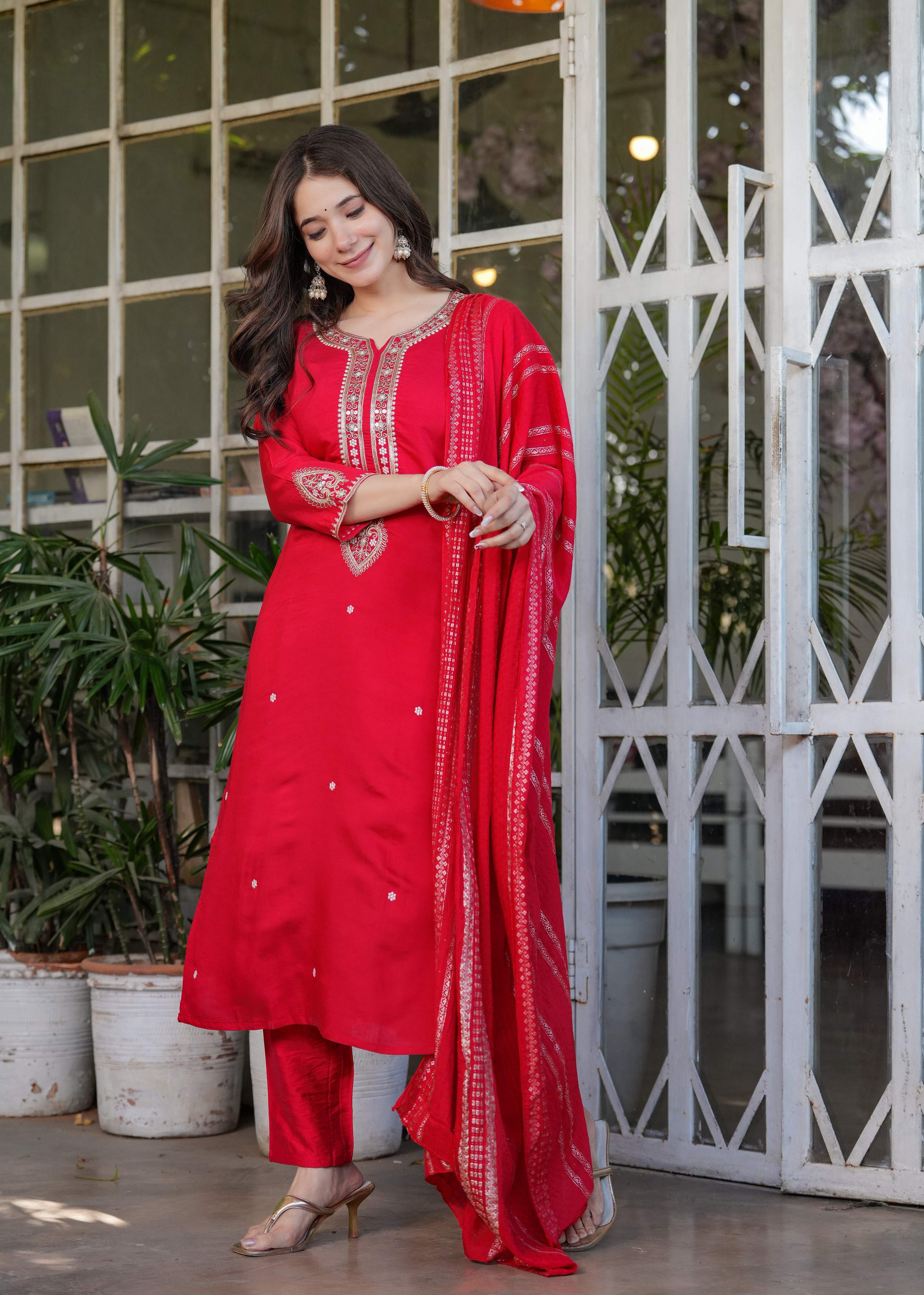 The52 Beautiful Embroidered Viscose Chanderi Fabric Straight Kurta, Pant and Dupatta Set
