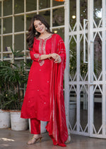 Thumbnail for The52 Beautiful Embroidered Viscose Chanderi Fabric Straight Kurta, Pant and Dupatta Set