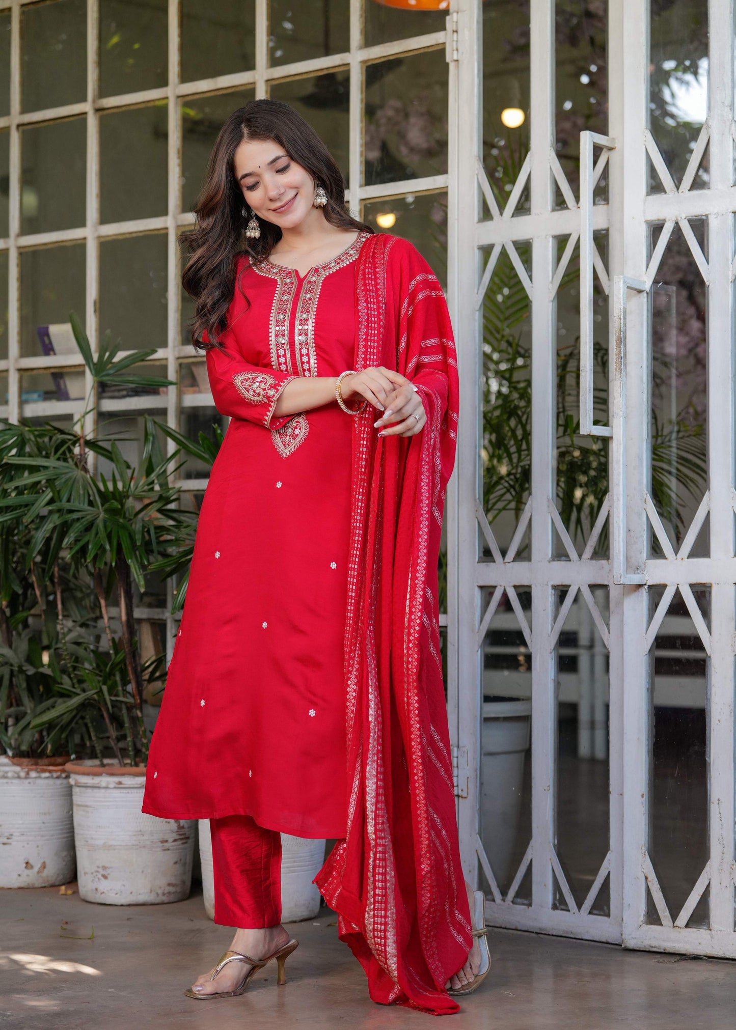 Teeya Creation Red Color Viscose Chanderi Embroidery Work Fully Stitched Kurti Set - Distacart