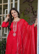 Thumbnail for The52 Beautiful Embroidered Viscose Chanderi Fabric Straight Kurta, Pant and Dupatta Set