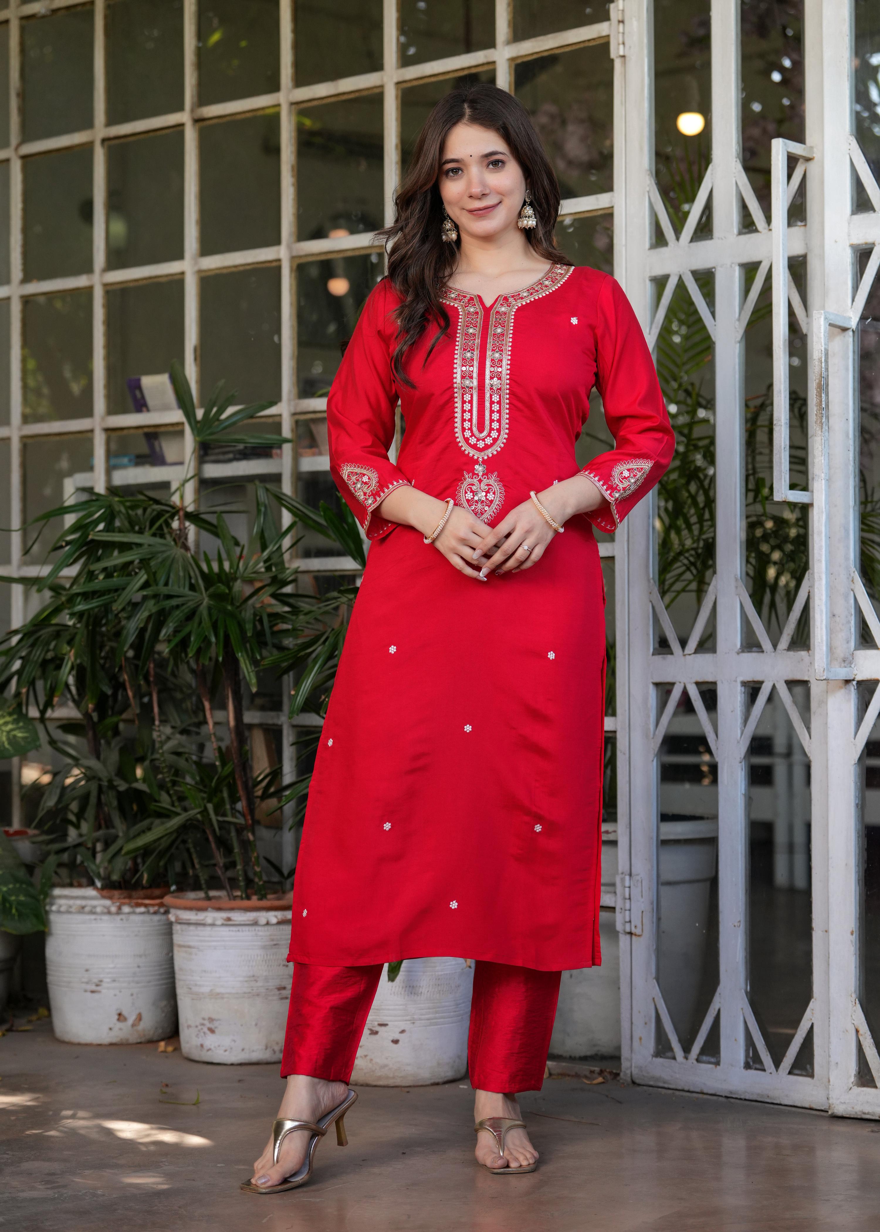 The52 Beautiful Embroidered Viscose Chanderi Fabric Straight Kurta, Pant and Dupatta Set