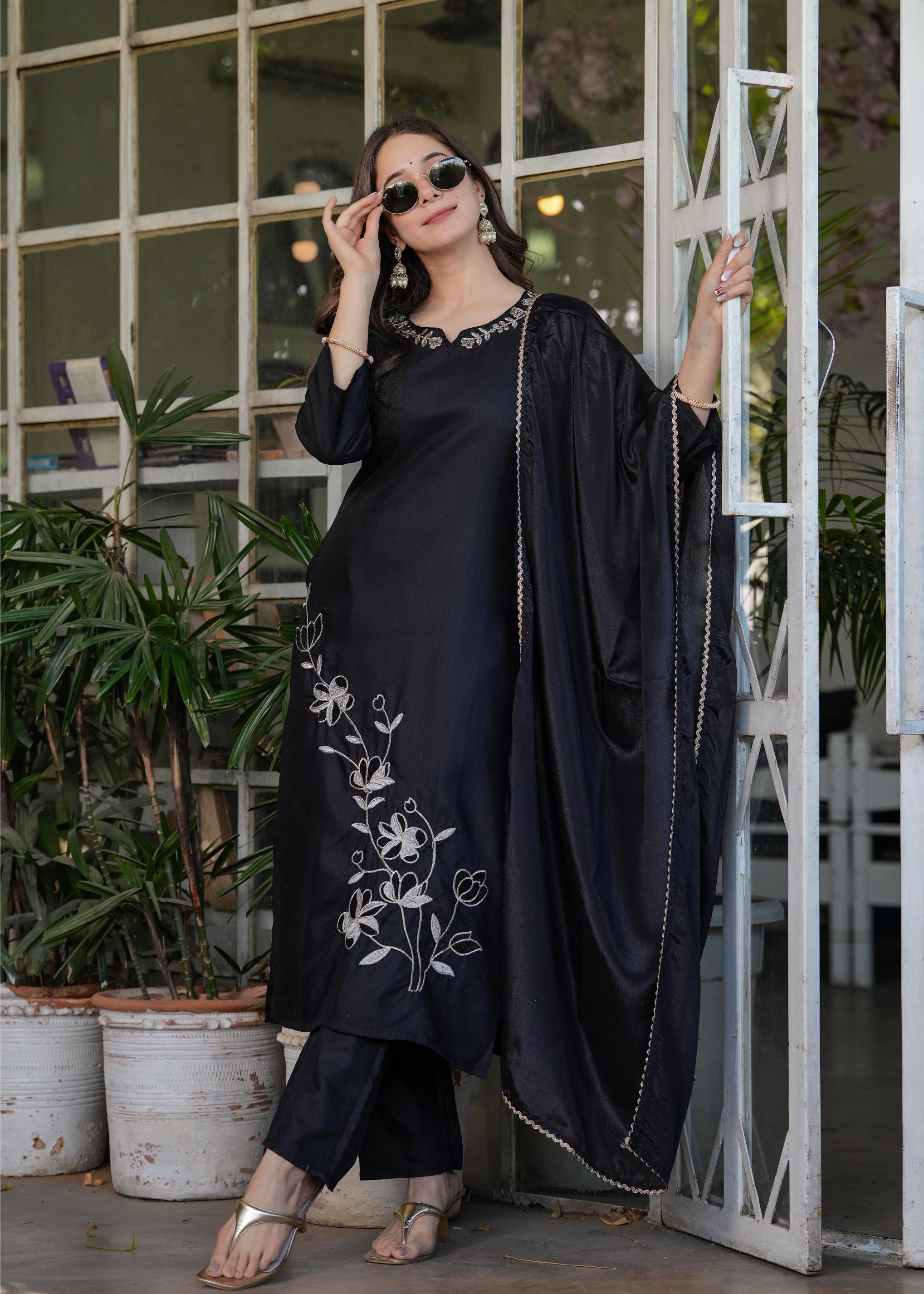 The52 Beautiful Thread Work Viscose Rayon Fabric Straight Kurta, Pant and Dupatta Set