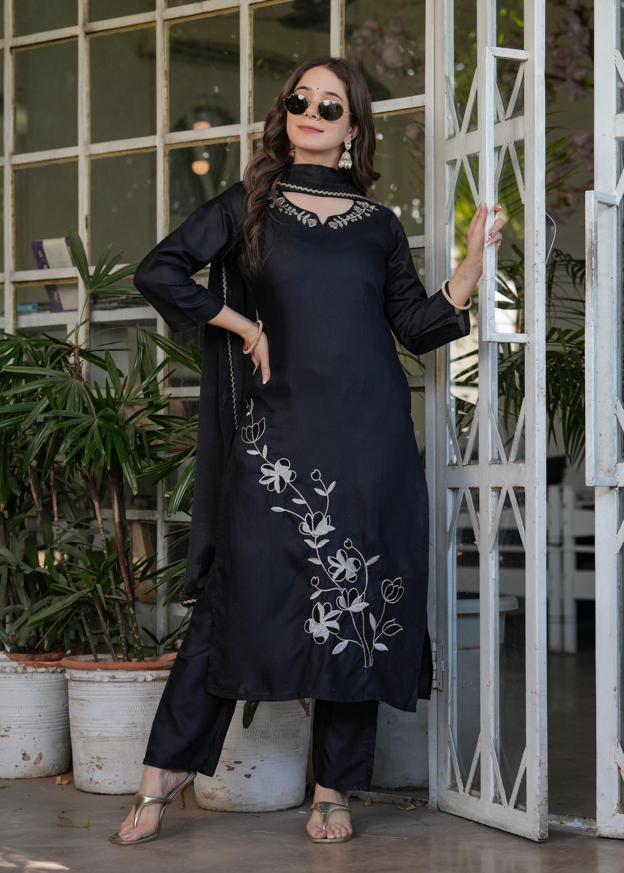 The52 Beautiful Thread Work Viscose Rayon Fabric Straight Kurta, Pant and Dupatta Set